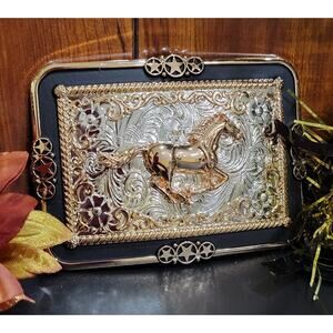 Running Horse Western Belt Buckle Rose Tone And Silver Cowboy Rodeo Buckle